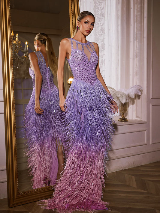 Saelyvira Fringe Rhinestone Maxi Dress In Purple