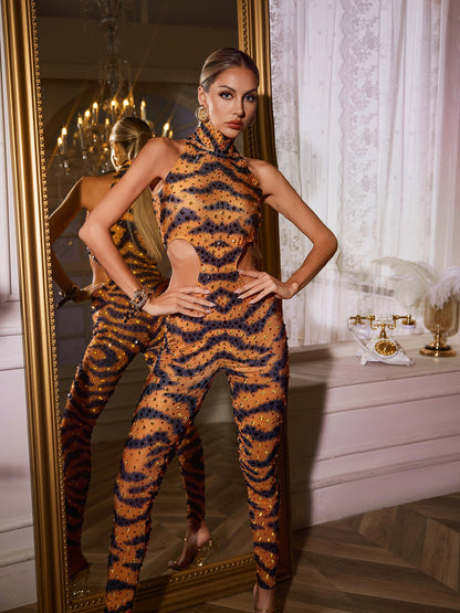 Taelyx Cutout Rhinestone Tiger Jumpsuit