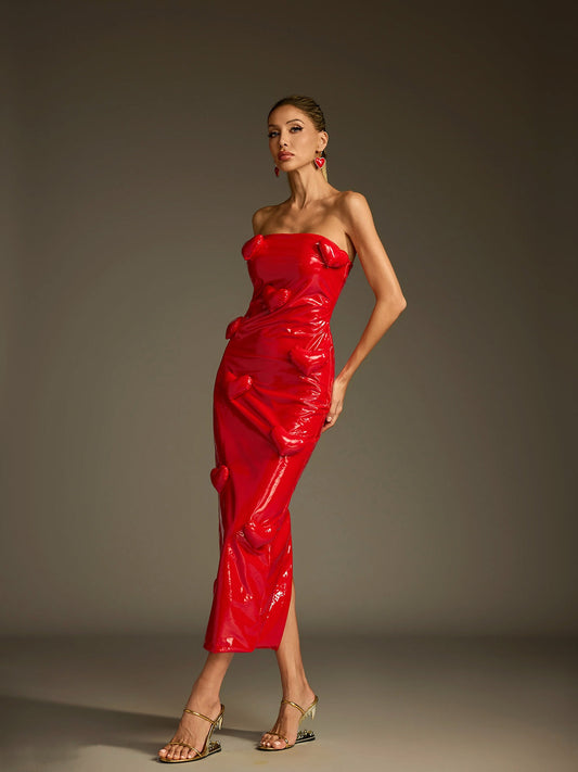 Taron Strapless Heart Leather Midi Dress