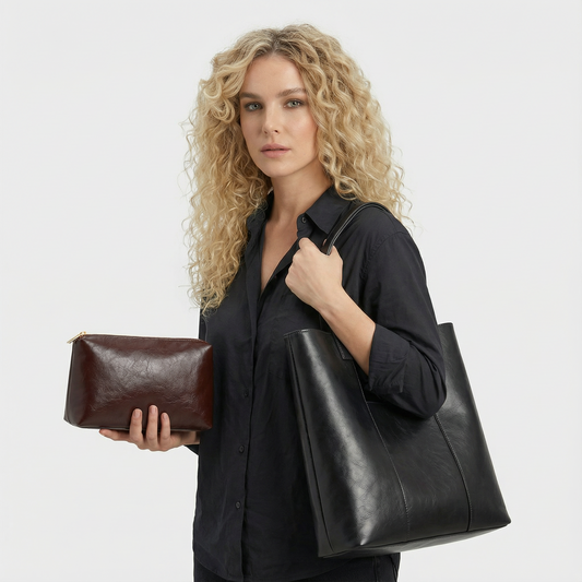 Madrid Large Tote + Makeup Pouch
Brown Vegan Leather Totebag