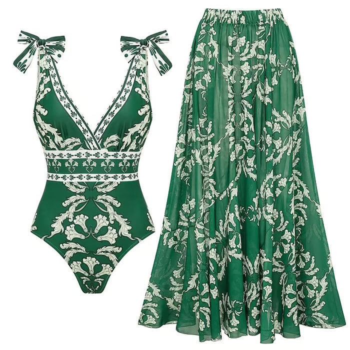 Azure Bloom Floral One-Piece & Skirt Set