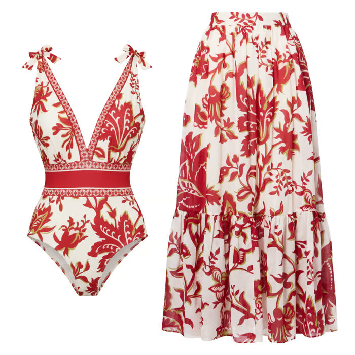 Azure Bloom Floral One-Piece & Skirt Set