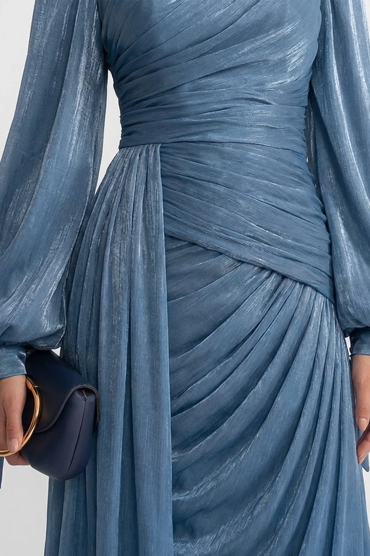 Draped Long-Sleeve Maxi Dress with Gathered Waist – Light Blue
