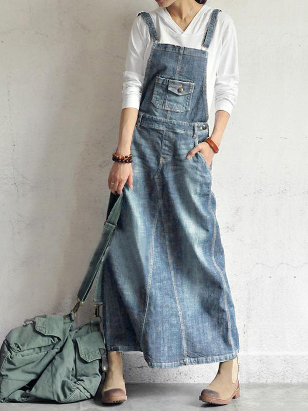 Casual Vintage-Inspired Back Slit Denim Overall Dress