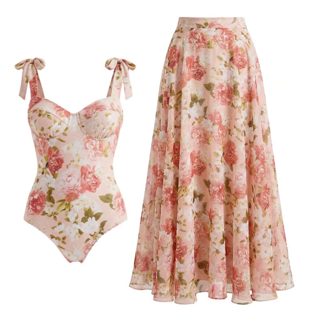 Azure Bloom Floral One-Piece & Skirt Set