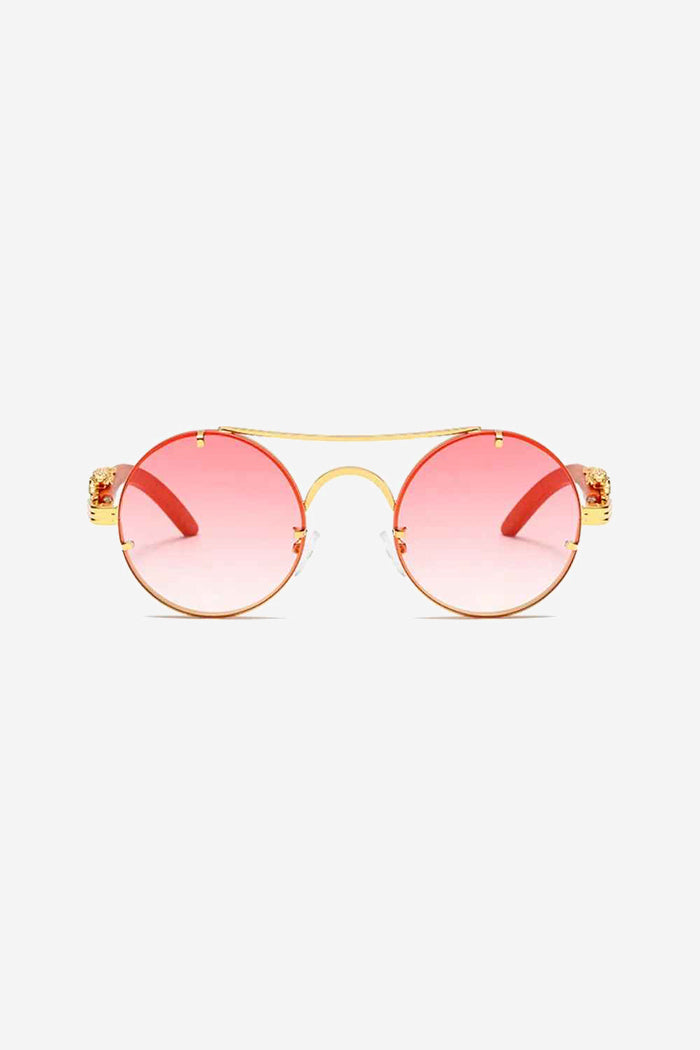 Round Sunglasses with Sculpted Leopard Temples and Double Gold Bridge – Pink
