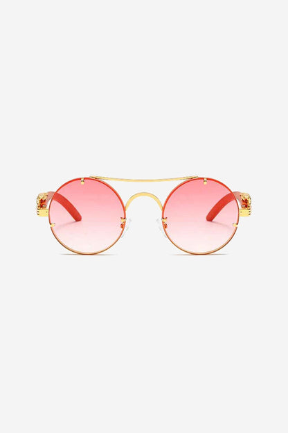 Round Sunglasses with Sculpted Leopard Temples and Double Gold Bridge – Pink