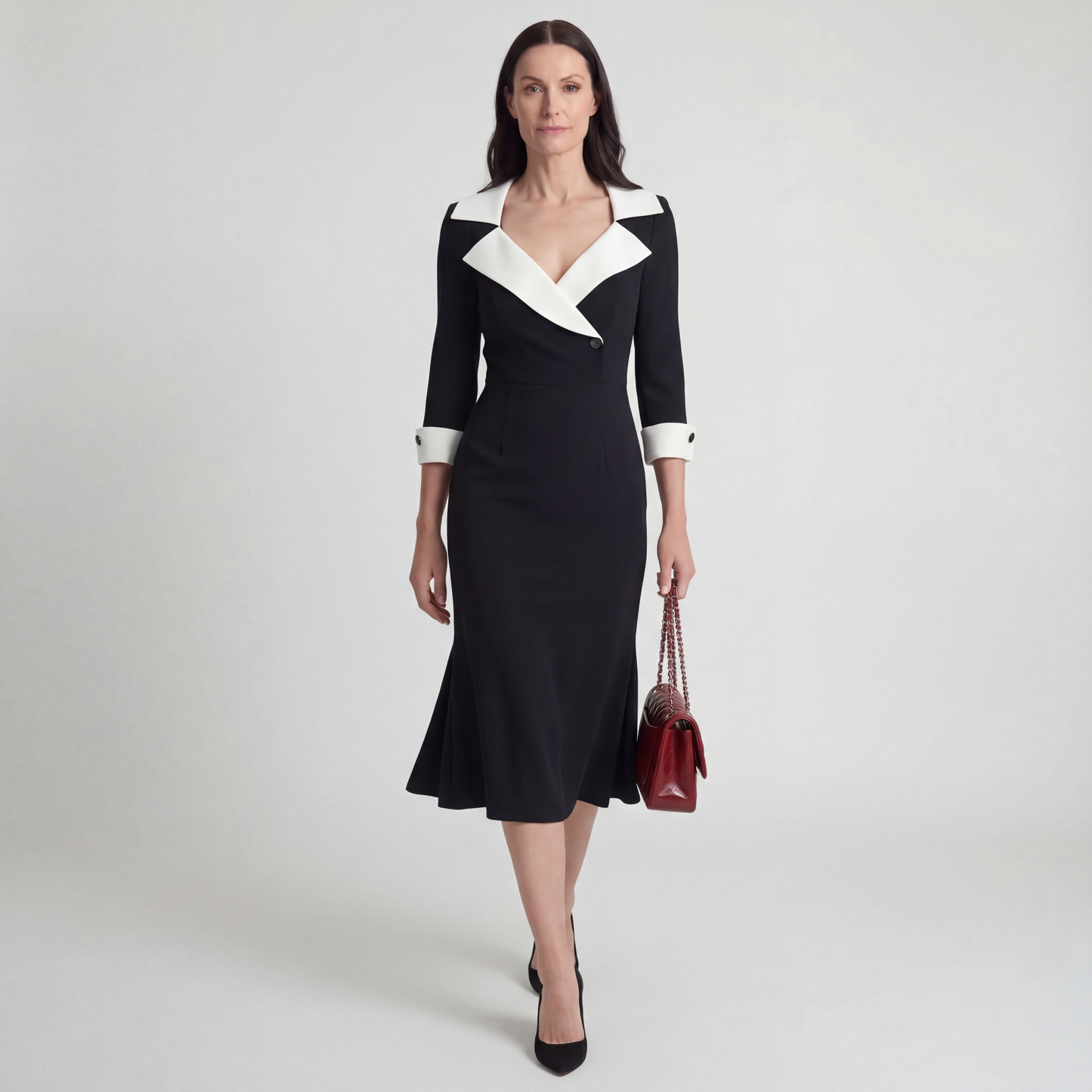 Tailored Contrast Collar Midi Dress