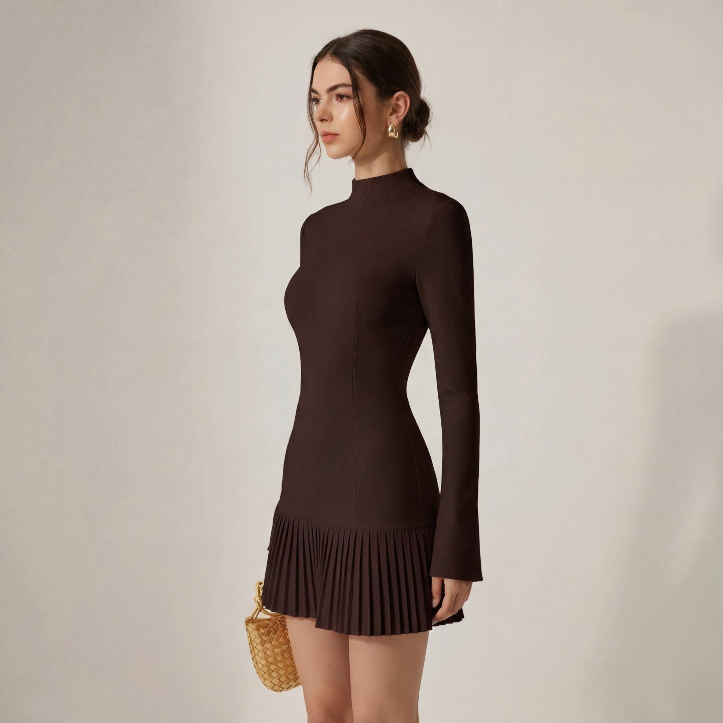 High-Neck Pleated Hem Knit Mini Dress