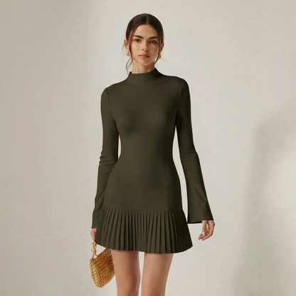 High-Neck Pleated Hem Knit Mini Dress