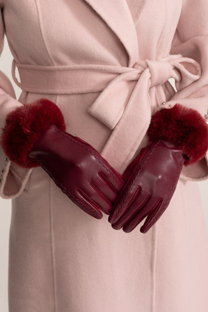 Vegan Leather Gloves With Fur Cuffs - Burgundy