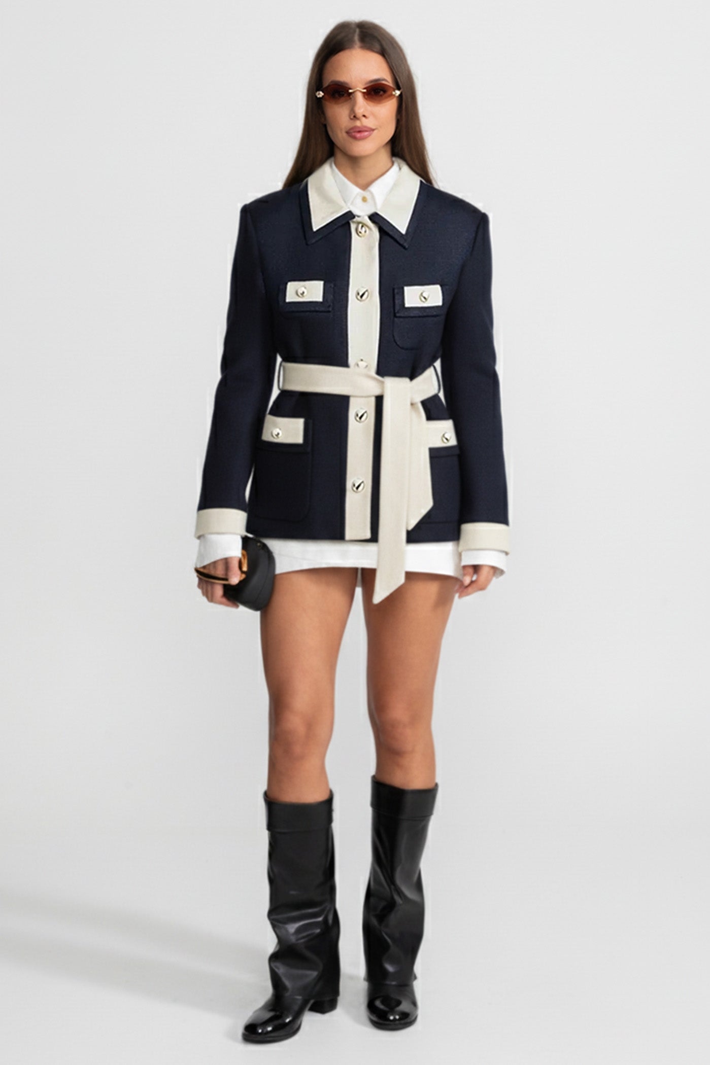 Two-Tone Tweed Jacket With Contrast Trim and Waist Belt – Navy