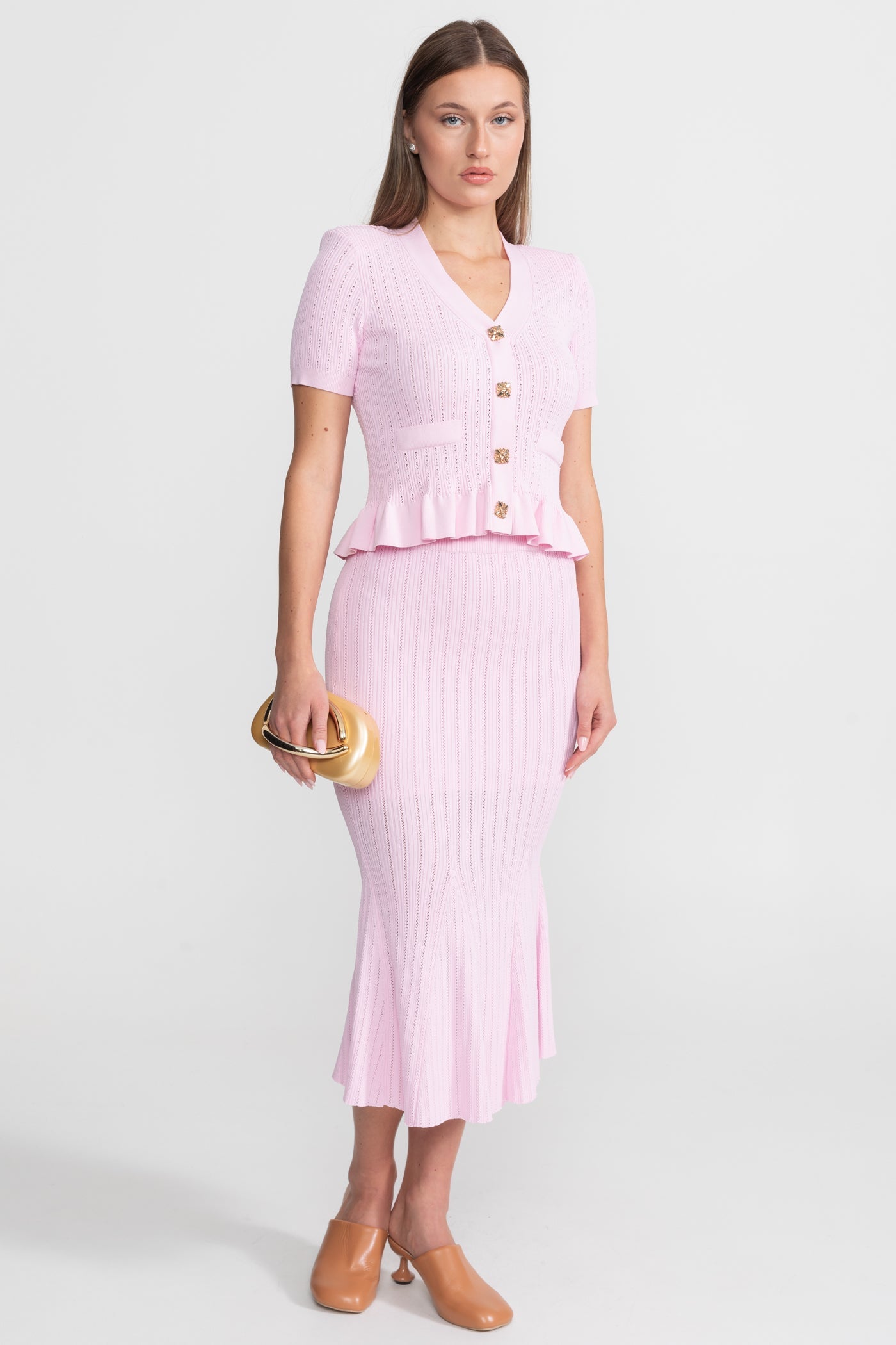 Knit Midi Co-Ord with Peplum Waist and Gold Buttons  – Pink