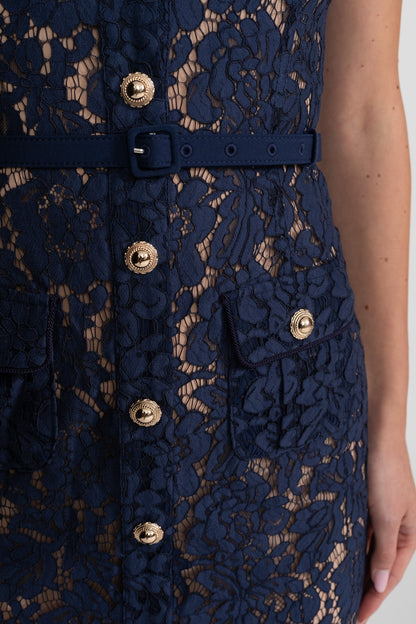 Floral Lace Midi Dress with Tailored Collar and Belted Waist - Navy