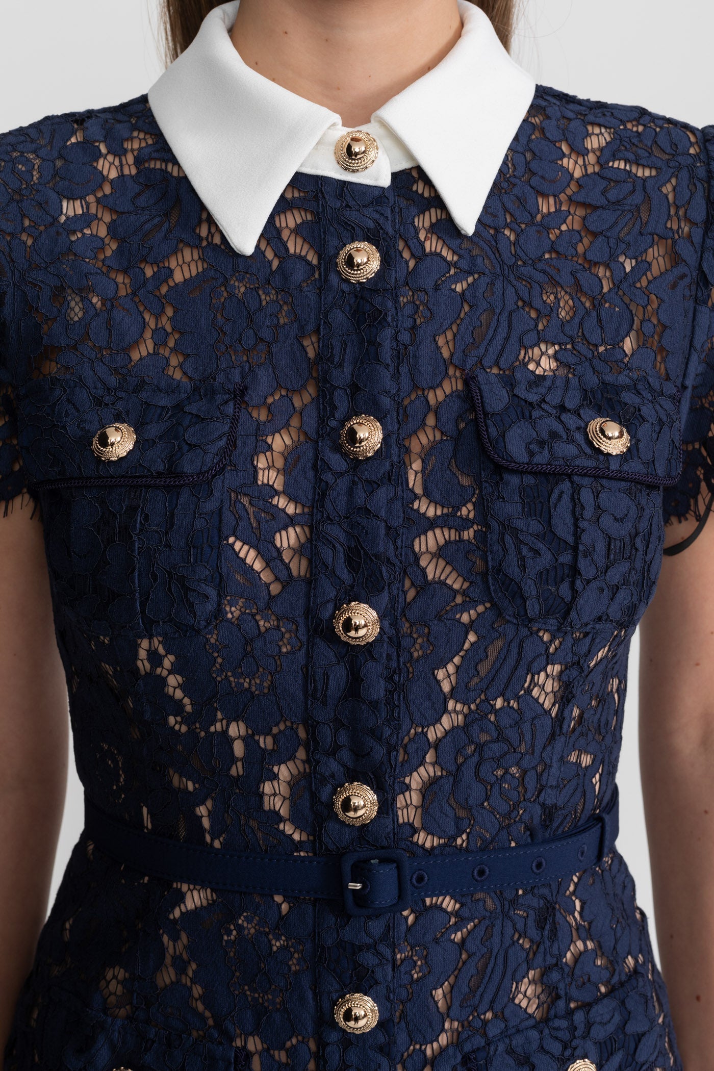 Floral Lace Midi Dress with Tailored Collar and Belted Waist - Navy
