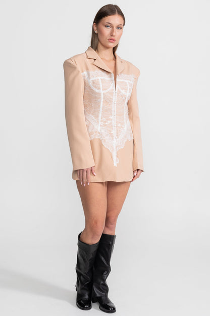 Lace Corset Blazer Dress With Deep V-neckline  – Peach