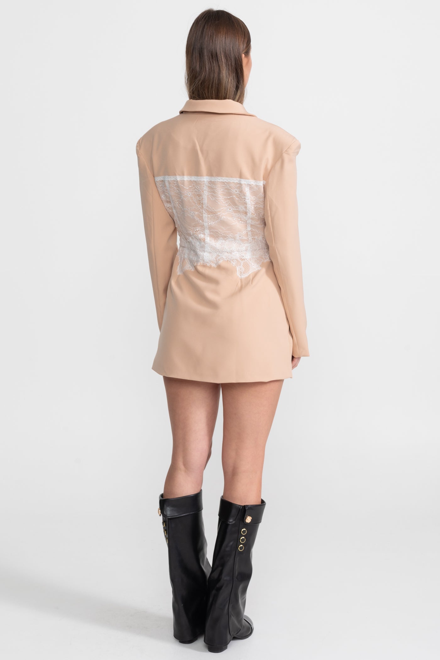 Lace Corset Blazer Dress With Deep V-neckline  – Peach