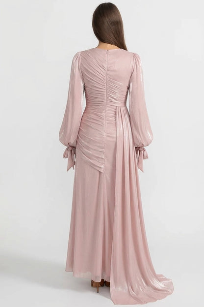 Draped Long-Sleeve Maxi Dress with Gathered Waist – Blush Pink