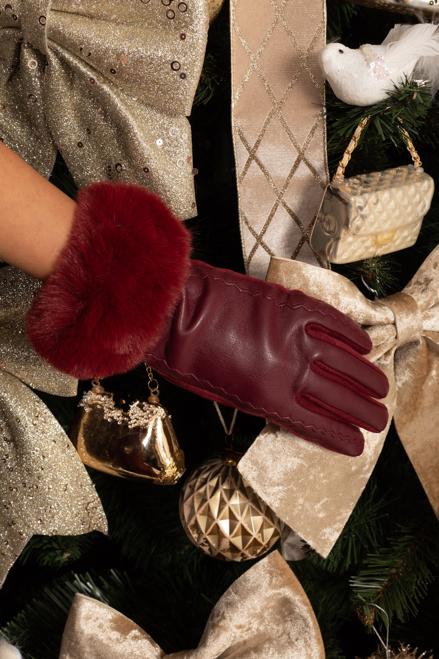 Vegan Leather Gloves With Fur Cuffs - Burgundy