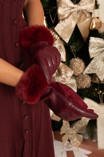 Vegan Leather Gloves With Fur Cuffs - Burgundy