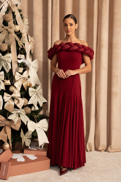 Off-Shoulder Braided Neckline Maxi Dress – Deep Red