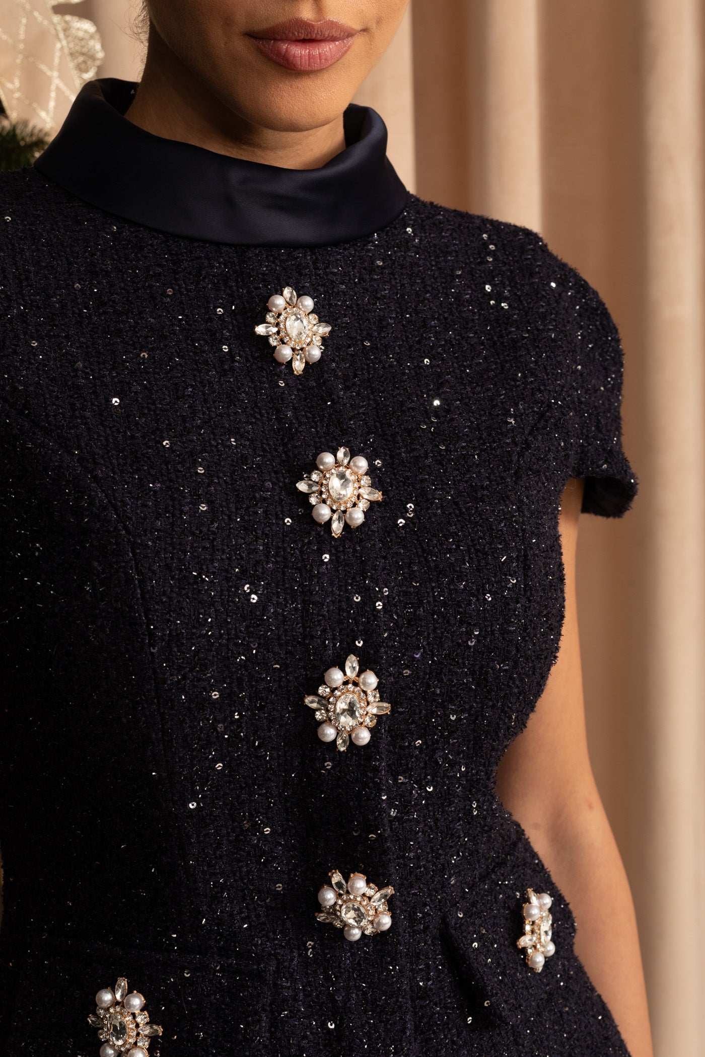 Co-Ord Set with Tweed Embellished Top and Satin Maxi Skirt - Navy