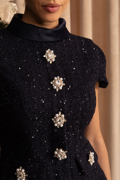 Co-Ord Set with Tweed Embellished Top and Satin Maxi Skirt - Navy