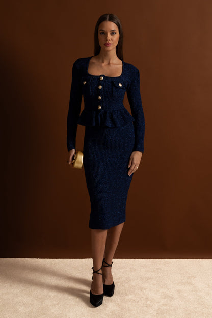 Textured Knit Dress with Peplum Waist and Gold Buttons - Dark Blue