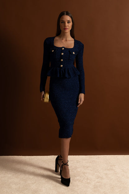 Textured Knit Dress with Peplum Waist and Gold Buttons - Dark Blue