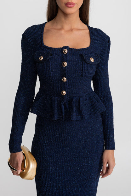 Textured Knit Dress with Peplum Waist and Gold Buttons - Dark Blue
