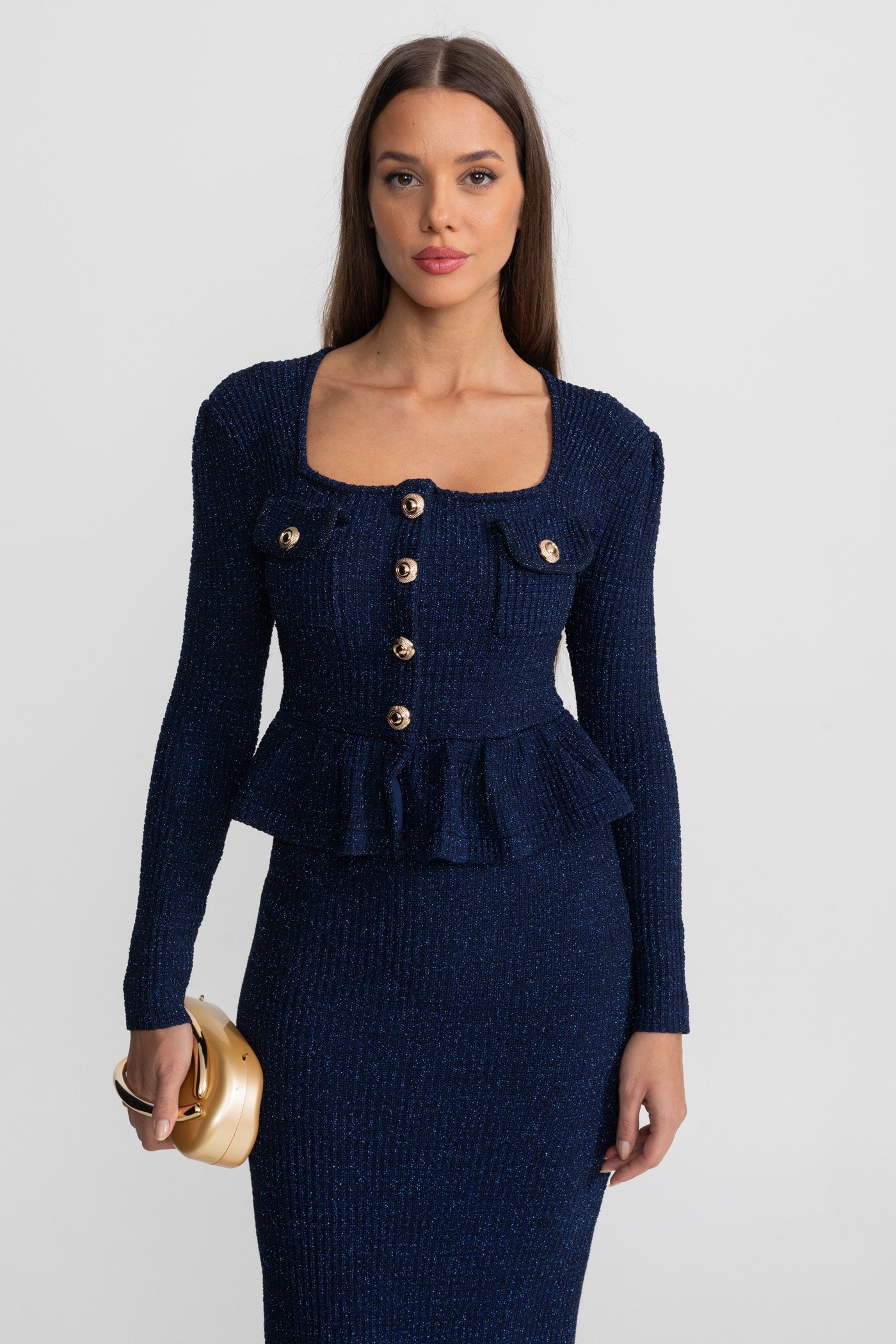 Textured Knit Dress with Peplum Waist and Gold Buttons - Dark Blue