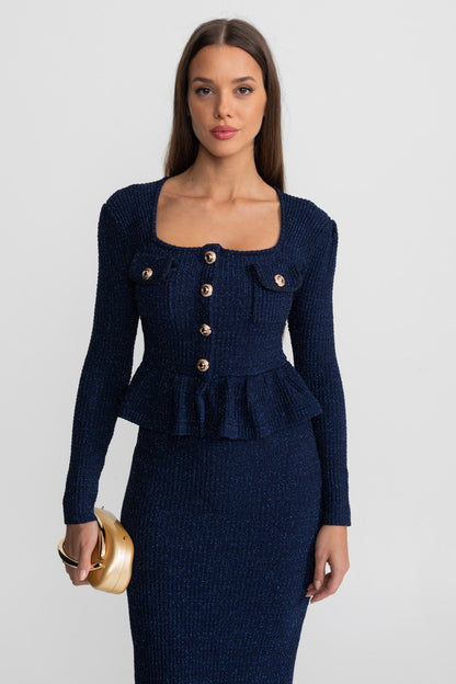 Textured Knit Dress with Peplum Waist and Gold Buttons - Dark Blue