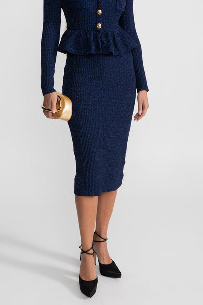 Textured Knit Dress with Peplum Waist and Gold Buttons - Dark Blue