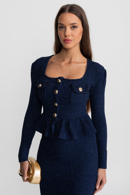Textured Knit Dress with Peplum Waist and Gold Buttons - Dark Blue