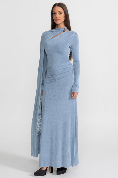 Elegant Draped Gown With Asymmetric Cutout – Blue