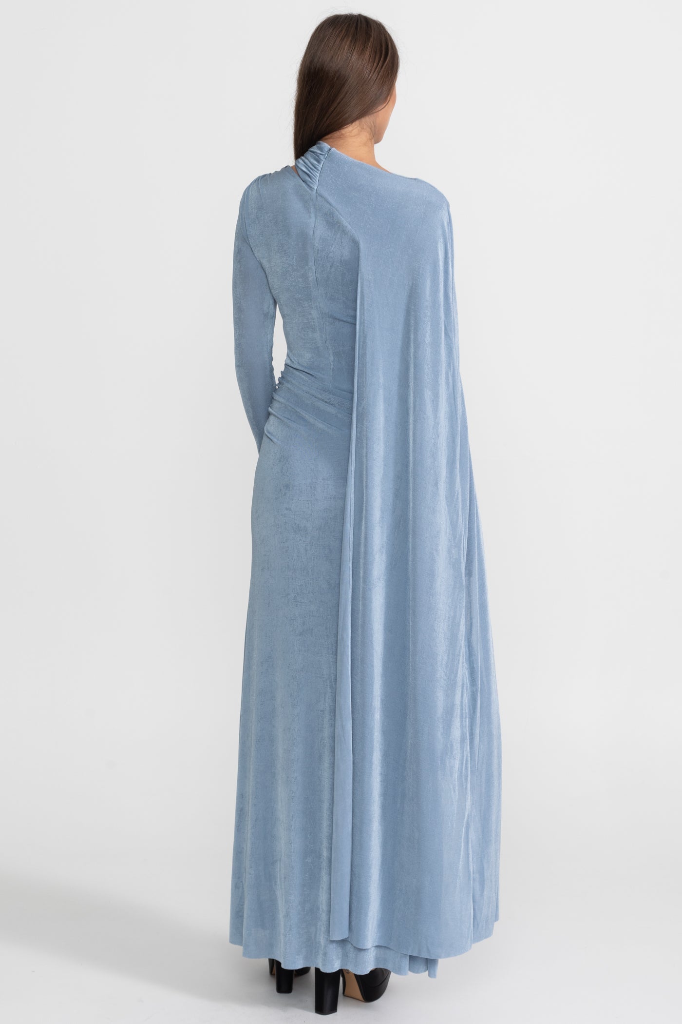 Elegant Draped Gown With Asymmetric Cutout – Blue