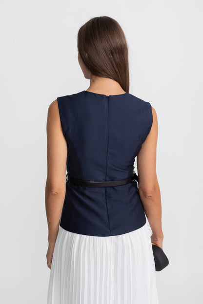 Sleeveless Midi Dress with Belted Waist and Contrast Skirt - Navy