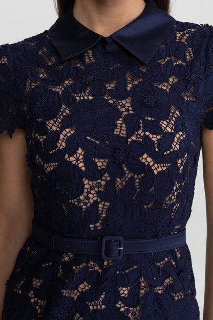 Lace Midi Dress with Belted Waist and Collared Neckline – Navy