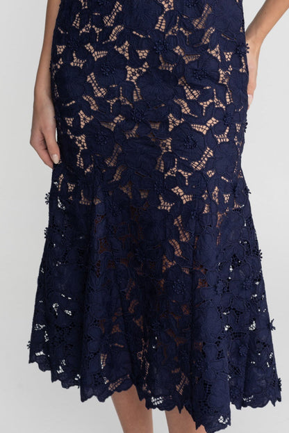 Lace Midi Dress with Belted Waist and Collared Neckline – Navy