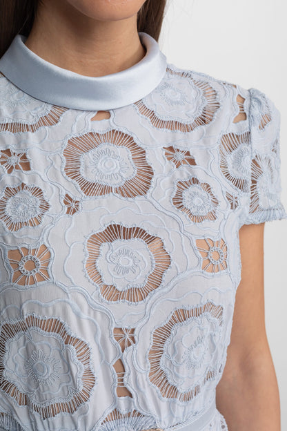 Floral Lace Midi Dress with Belted Waist – Light Blue