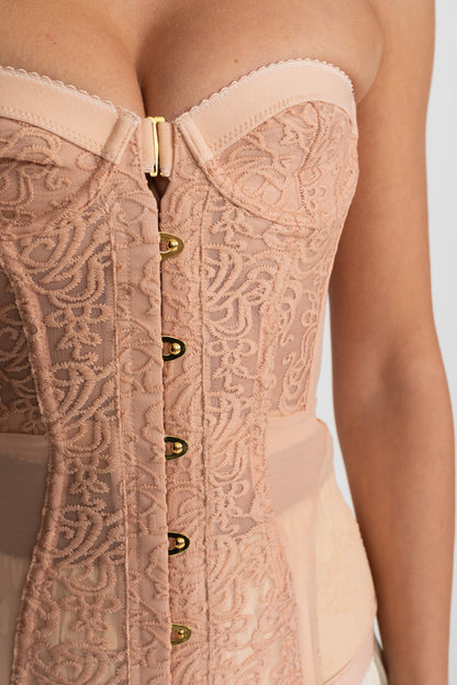 Strapless Lace Corset Top with Boning and Front Closure - Nude