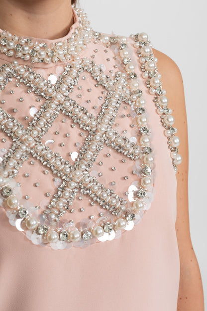 Embellished Sleeveless Mini Dress with High Neckline - Blush Pink
