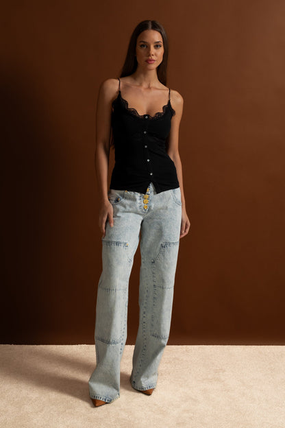 High-Waisted Wide-Leg Jeans with Gold Buttons - Light Blue