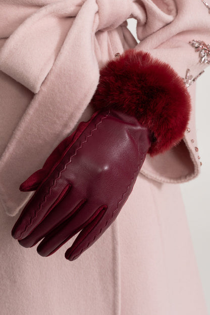 Vegan Leather Gloves With Fur Cuffs - Burgundy