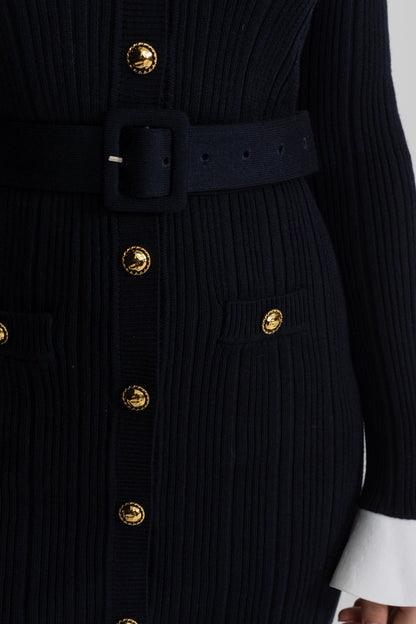 Ribbed Knit Mini Dress with Gold Button Fastening - Dark Blue