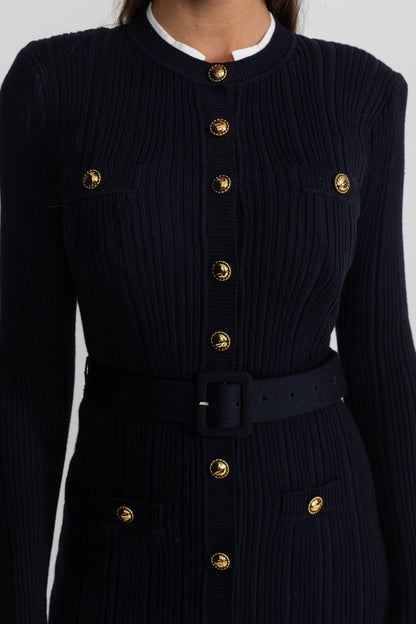 Ribbed Knit Midi Dress with Gold Button Fastening - Dark Blue