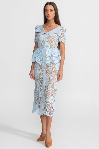 Lace Midi Dress with Peplum Waist and Satin Collar - Baby Blue
