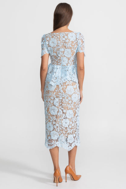 Lace Midi Dress with Peplum Waist and Satin Collar - Baby Blue