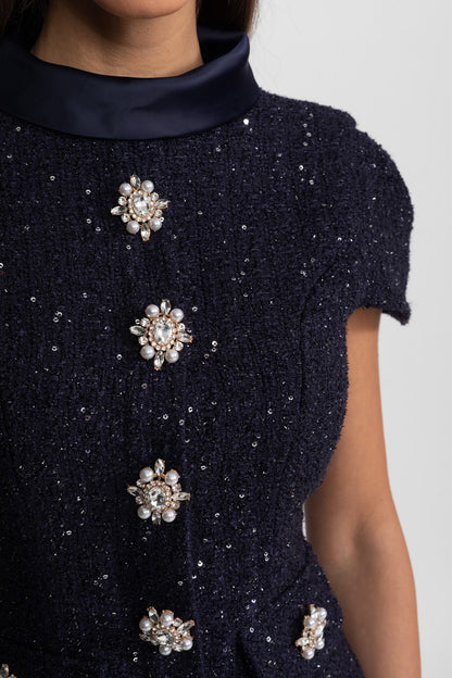 Co-Ord Set with Tweed Embellished Top and Satin Maxi Skirt - Navy