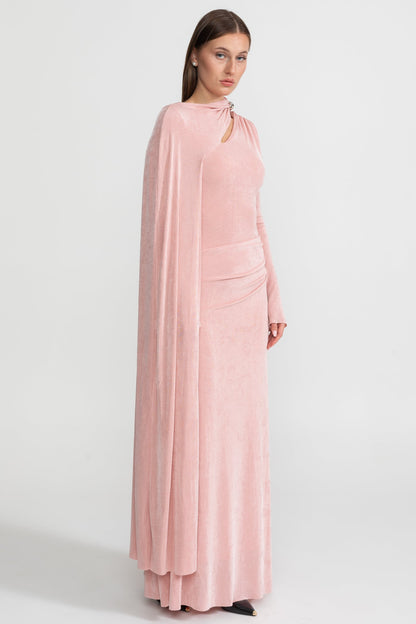 Elegant Draped Gown With Asymmetric Cutout – Blush Pink